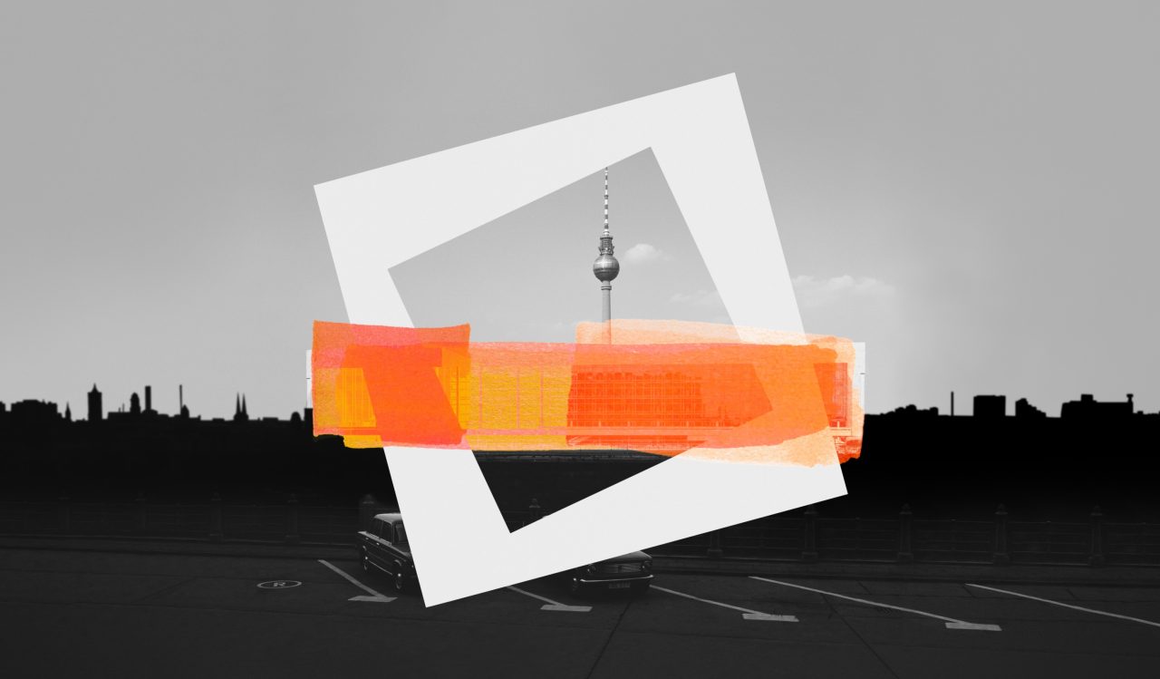 Stadtsilhouette Berlin mit orangefarbener grafischer Gestaltung des Palasts der Republik