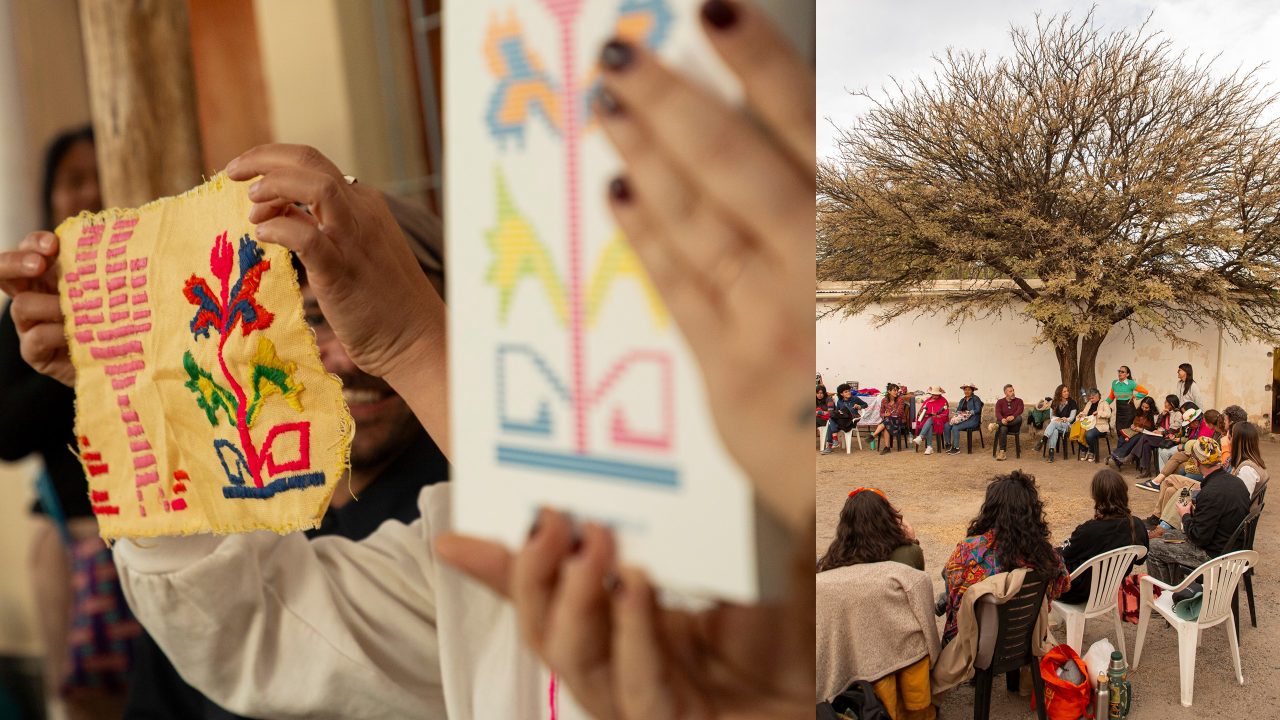 Participants showcase artistic textiles and draw outdoors under a large tree while others listen.