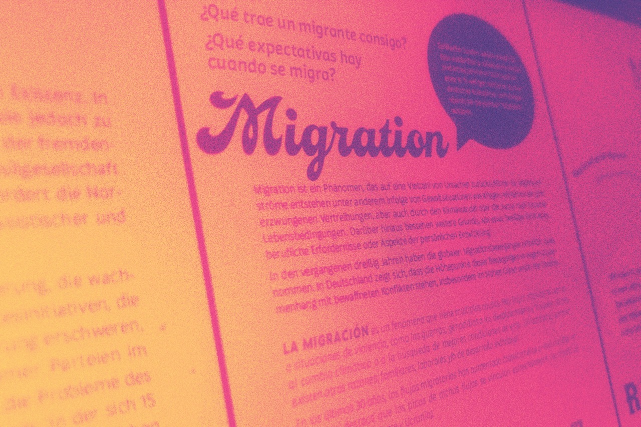 Text über Migration in verschiedenen Sprachen mit dem Titel "Migration" und einem ansprechenden visuellen Layout.