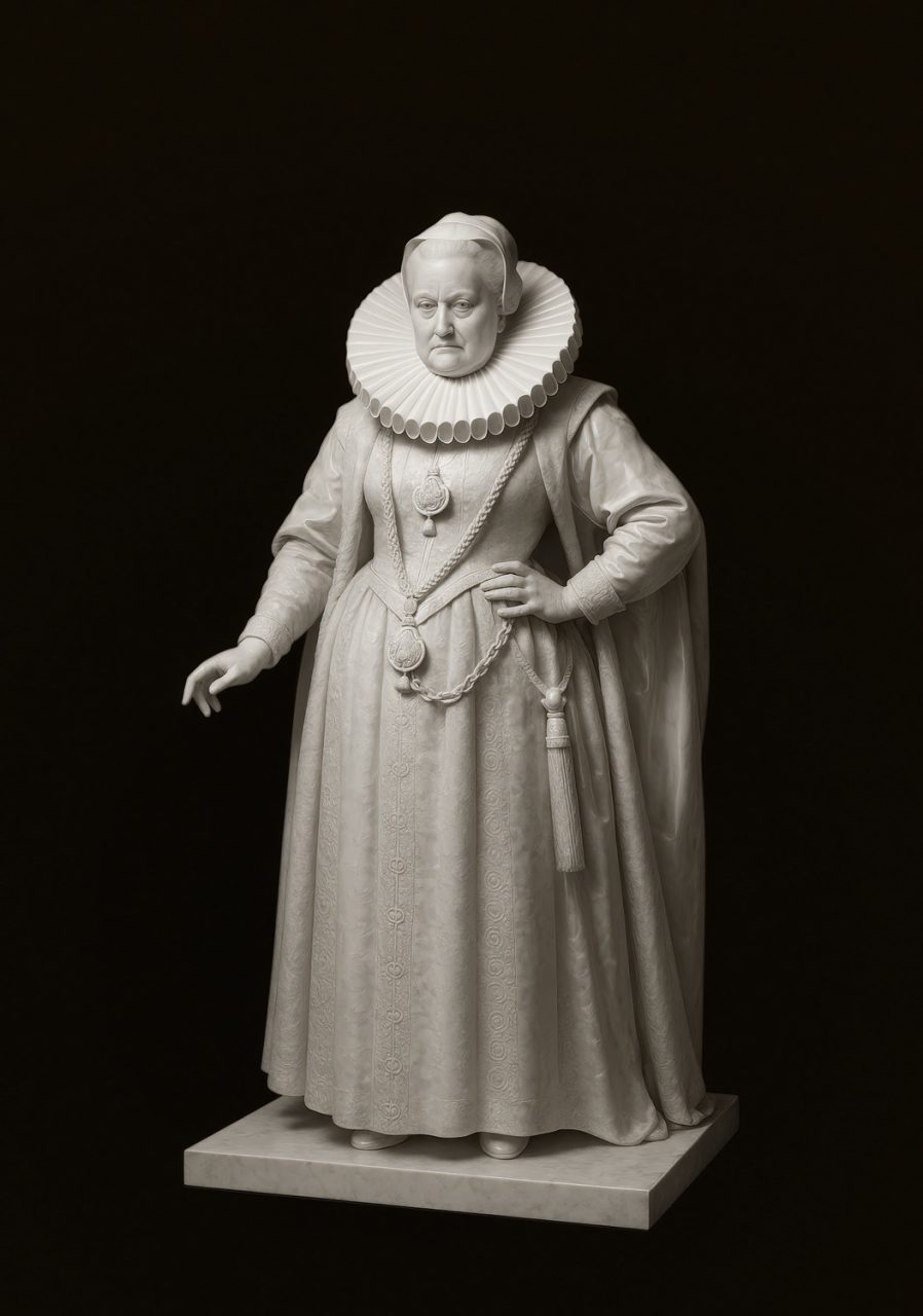 Detailreiche Statue einer eleganten Dame des 16. Jahrhunderts mit Spitzenkragen und verzierter Robe.