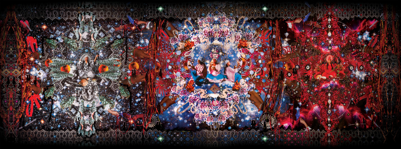 Colorful, symmetrical artwork featuring fantastic motifs of nature and people in a whimsical, cosmic style.