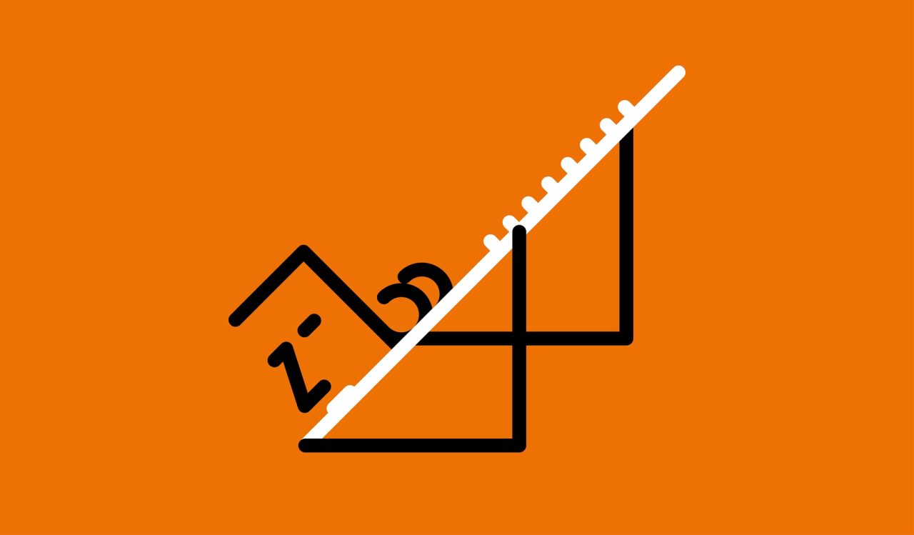 Graphic of a simple house and a protractor on an orange background.