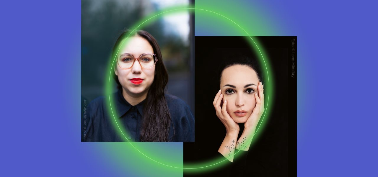 Two portraits of women: one with red lips and glasses, the other with hands on her face against a black background.