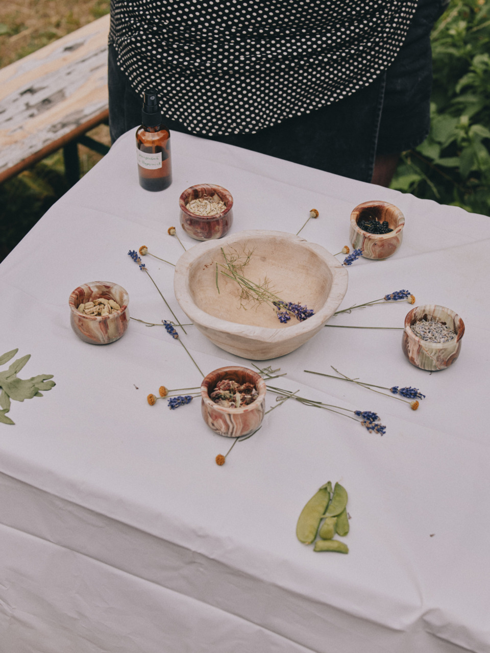 Table with a bowl, herbs, decorative containers, and lavender flowers in a natural setting.