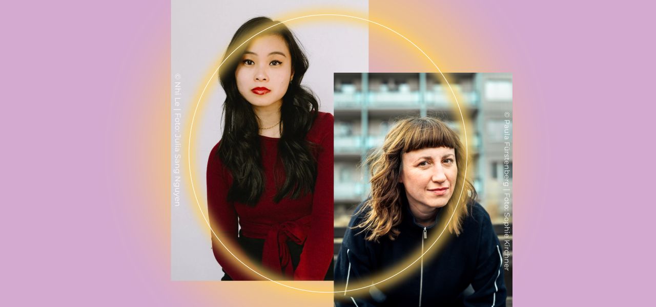 Two women's portraits in a creative, colorful layout with a bright circular element.