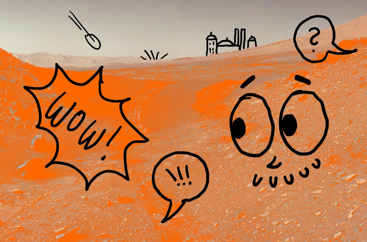 Illustration of a Martian landscape with cartoonish faces and speech bubbles expressing excitement.