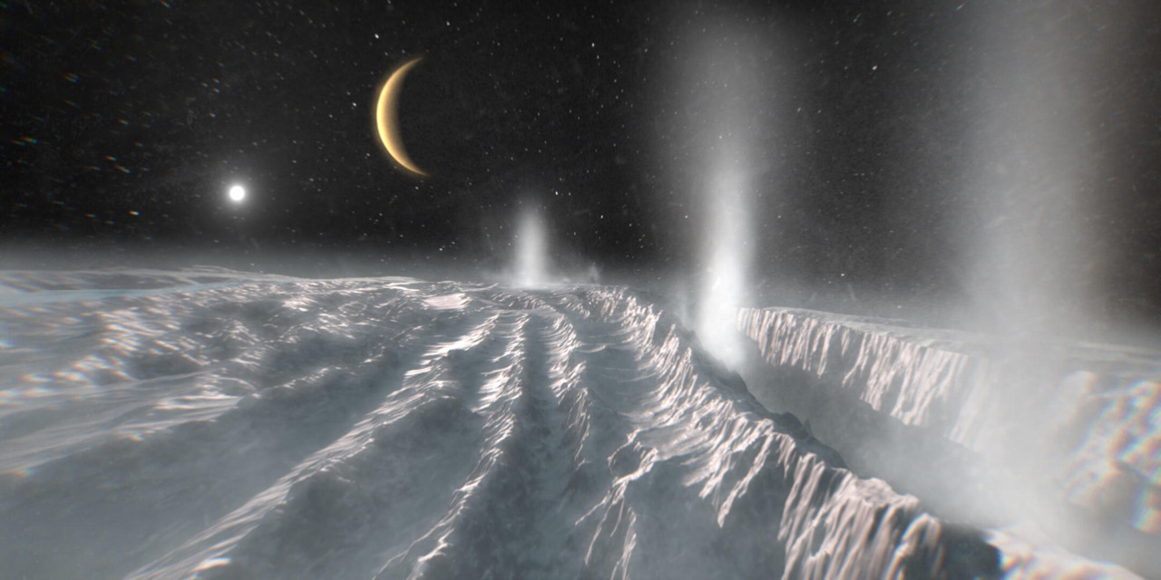 Ice crystal surface with geysers, two celestial bodies, and a sparkling starry sky in the background.