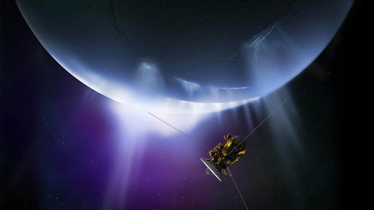 A spaceship explores an icy world with steam geysers in space against a colorful background.