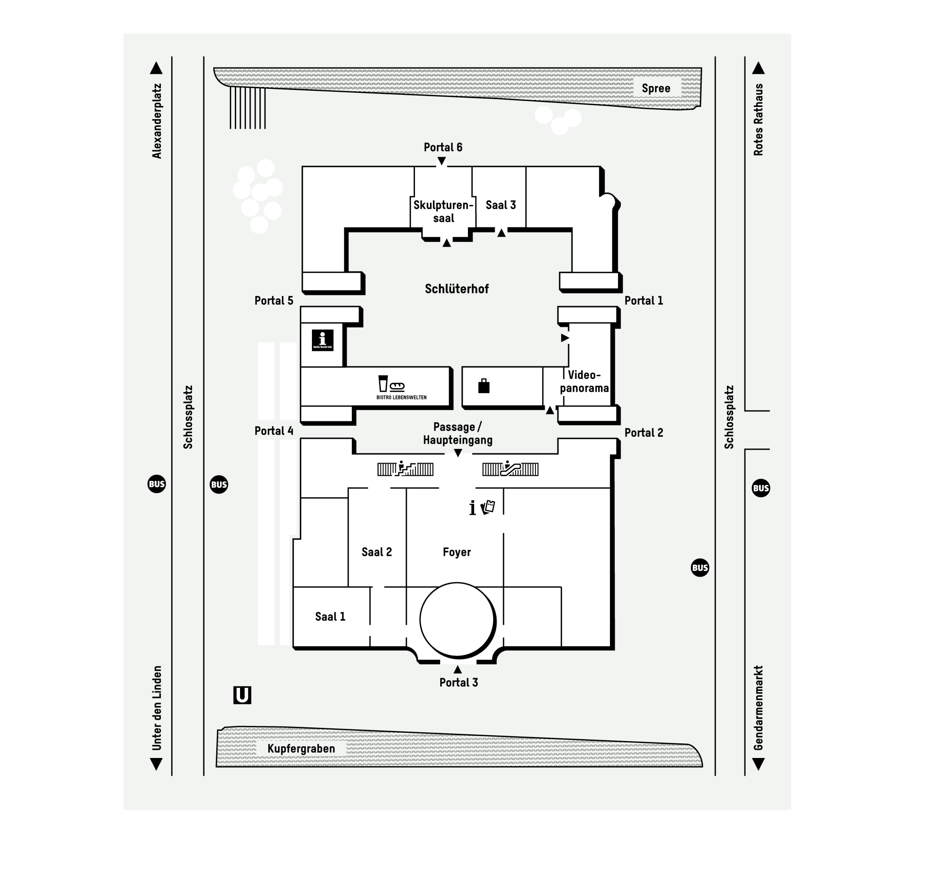 Lageplan des Humboldt Forums mit Eingängen, Sälen und wichtigen Bereichen wie Foyer und Skulpturensaal.